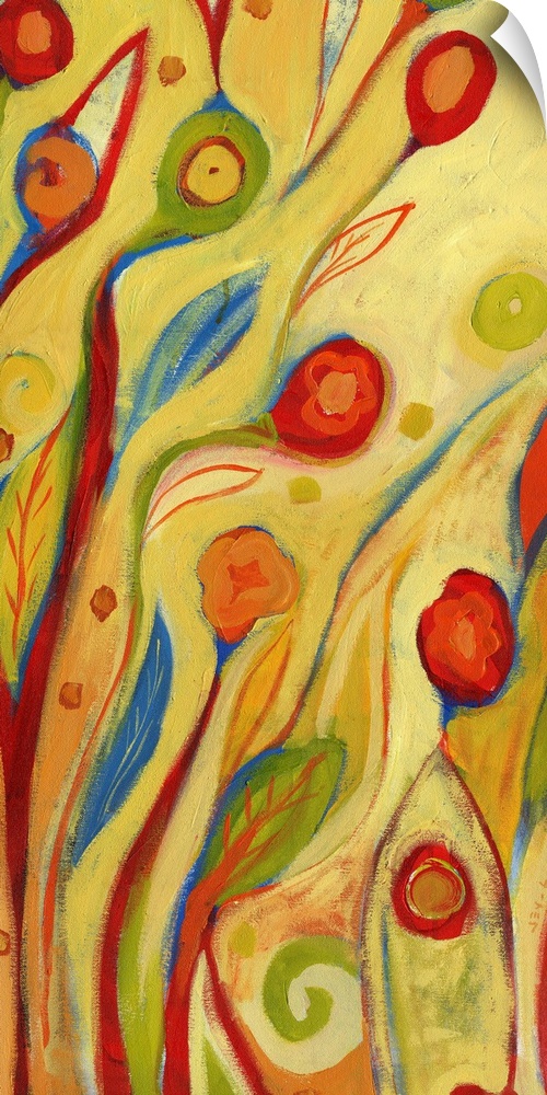 Contemporary vertical painting of circle flowers radiating in the bright background.