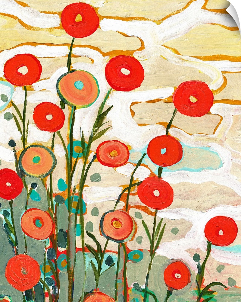 Giant contemporary art depicts an assortment of poppy flowers constructed of lots of circles and vertical lines enjoying a...