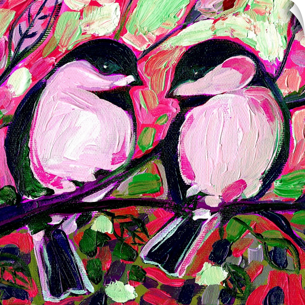 A painting of two birds sitting on a tree branch surrounded by vibrant colors and flowers.