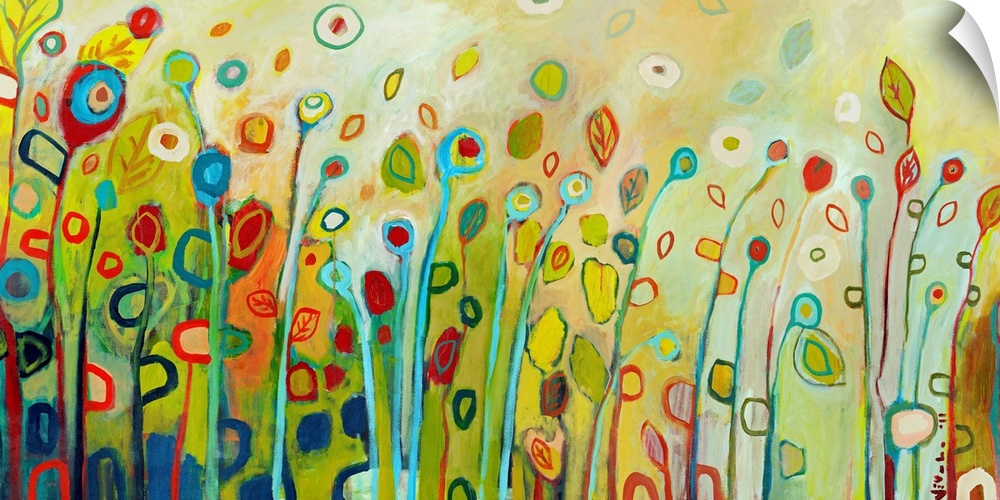 Large contemporary painting with vertical, multicolor flowers and leaves.