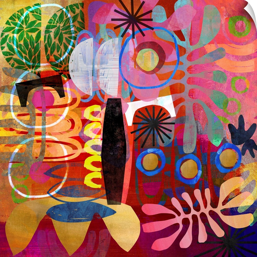 A riotous jumble of abstract shapes in warm tones. A very impactful, maximalist work of art, it would fit perfectly into a...