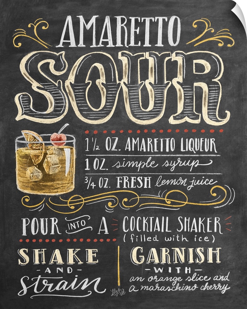 Handlettered recipe for an Amaretto Sour cocktail with the appearance of a chalkboard drawing.