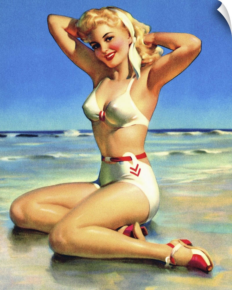 Vintage 50's illustration of a young woman modeling a two-piece swimsuit on the beach.