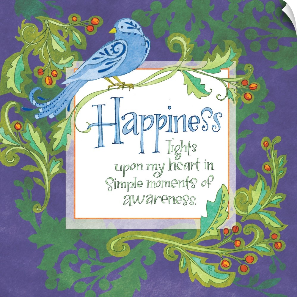 "Happiness lights upon my heart in simple moments of awareness," illustrated with a blue bird and holly branches.