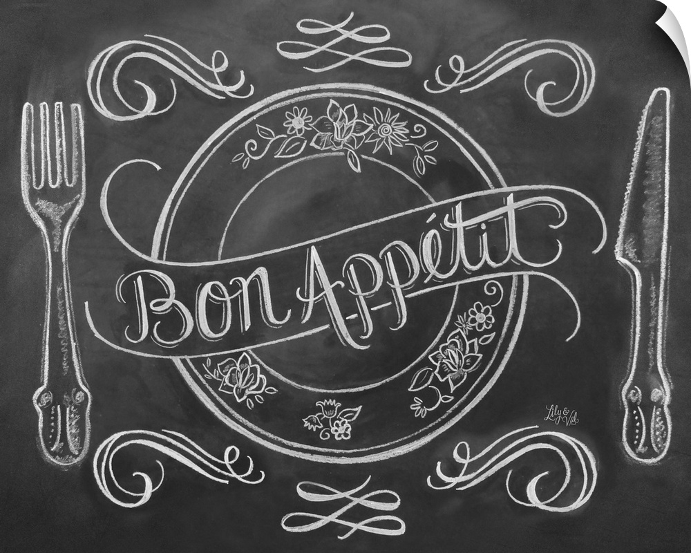"Bon Appetit" handwritten on a drawing of a place setting in white chalk on a black background.