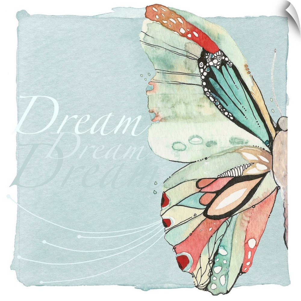 Decorative watercolor painting of a colorful butterfly with the word "Dream" repeated in the background.