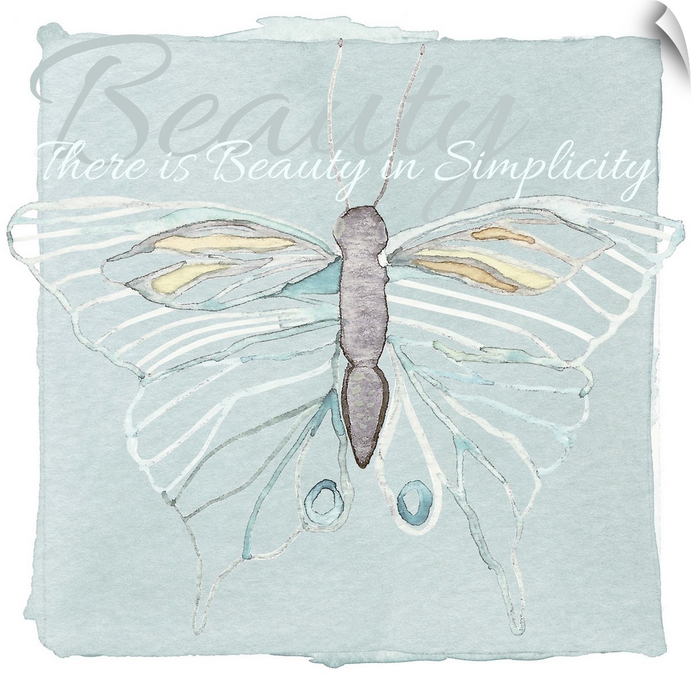 Decorative watercolor painting of a butterfly with white outlined wings, and the phrase "There is beauty in simplicity."