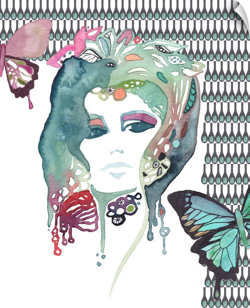 Contemporary watercolor portrait of a woman surrounded by butterflies.