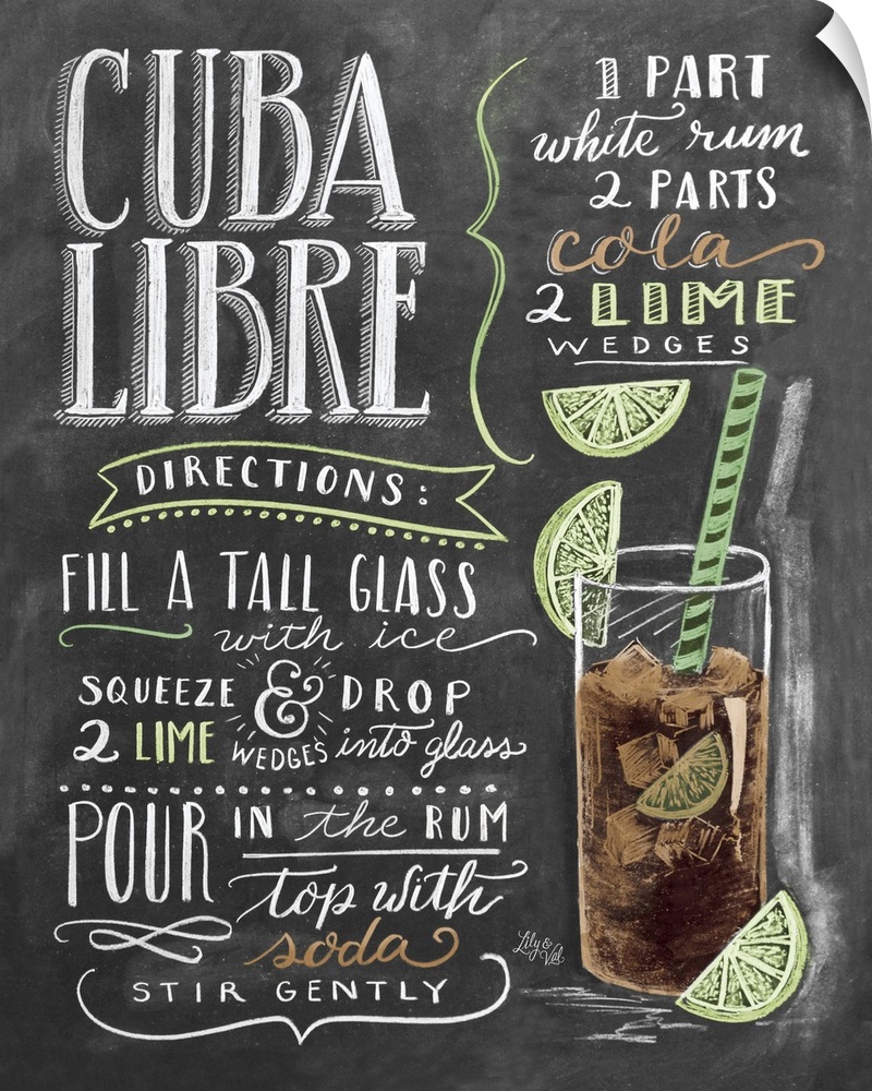 Handlettered recipe for a Cuba Libre cocktail with the appearance of a chalkboard drawing.