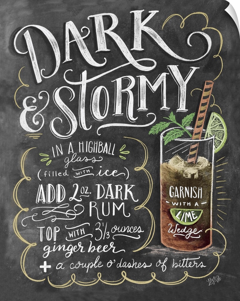 Handlettered recipe for a Dark and Stormy cocktail with the appearance of a chalkboard drawing.