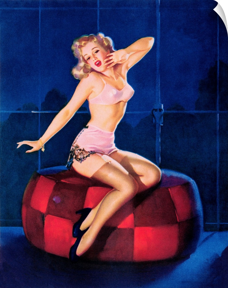 Vintage 50's illustration of a young woman in lingerie stretching on a cushion.