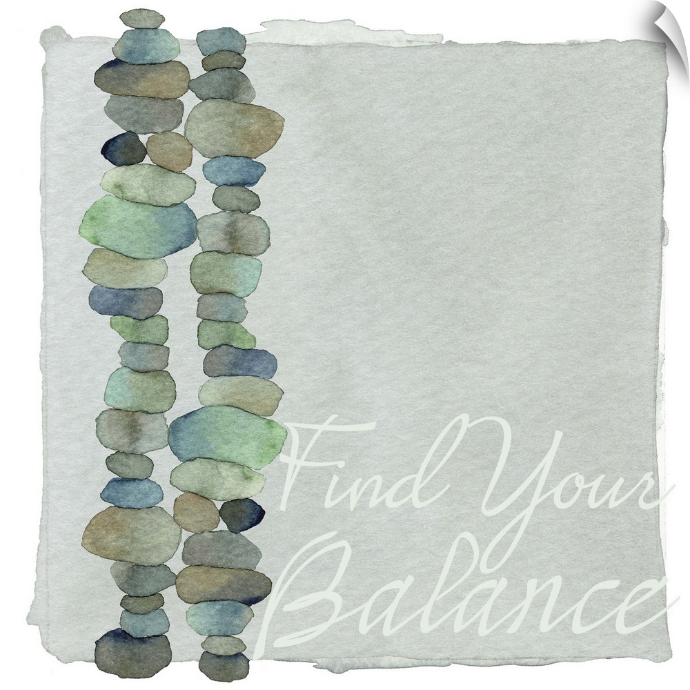 Decorative watercolor painting of two stacks of round stones in blue and green shades with the words "Find your balance."