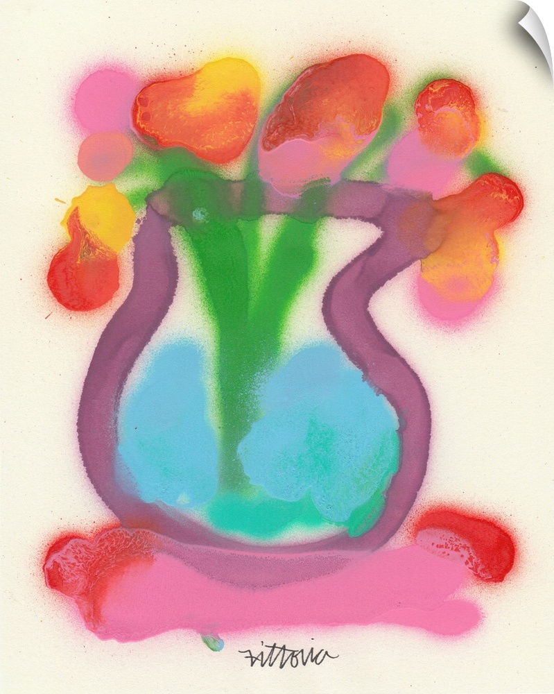A contemporary painting of a vase of flowers done with spray paint and a very simple but effective approach