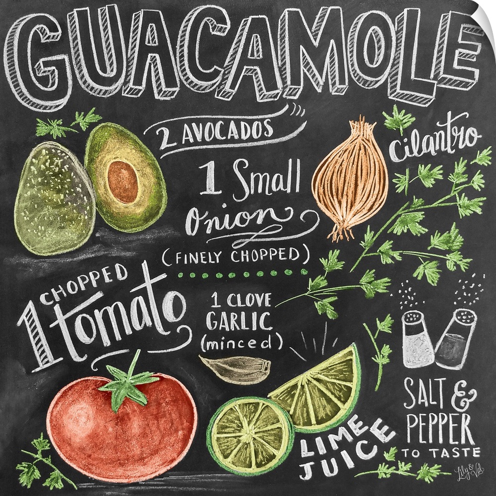 Handwritten and illustrated recipe for guacamole, including tomatoes, avocadoes, onions, and limes.