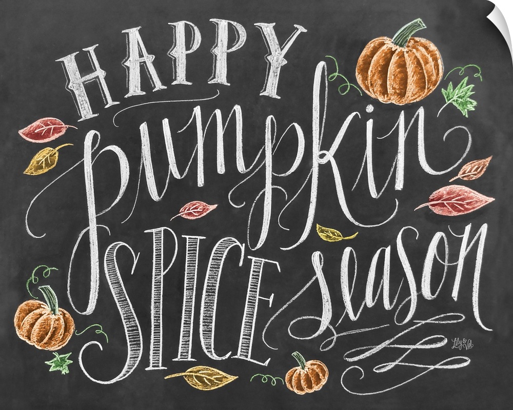 "Happy pumpkin spice season" handwritten and illustrated with leaves and pumpkins.