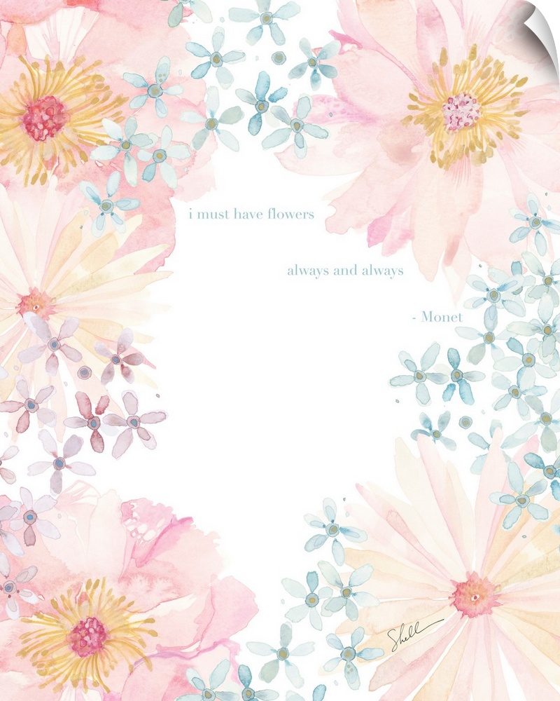 Hand Painted watercolor of pastel flowers with an inspirational text
