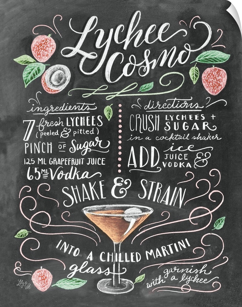 Handlettered recipe for a Lychee Cosmo cocktail with the appearance of a chalkboard drawing.
