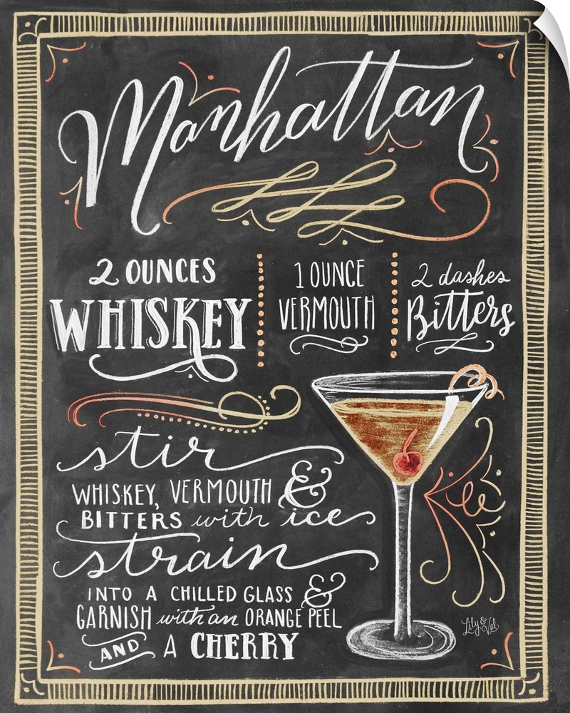 Handlettered recipe for a Manhattan cocktail with the appearance of a chalkboard drawing.