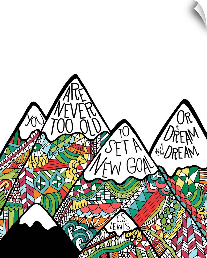 "You are never too old to set a new goal or dream a new dream," by C.S. Lewis, written on colorful mountains.