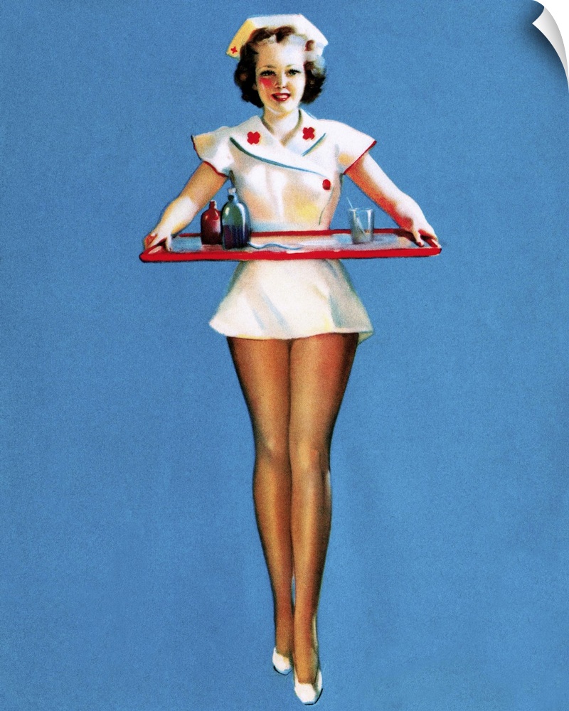 Vintage 50's illustration of a young nurse holding a tray.
