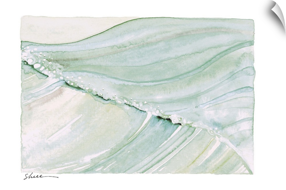 Contemporary watercolor painting of ocean waves in shades of green.