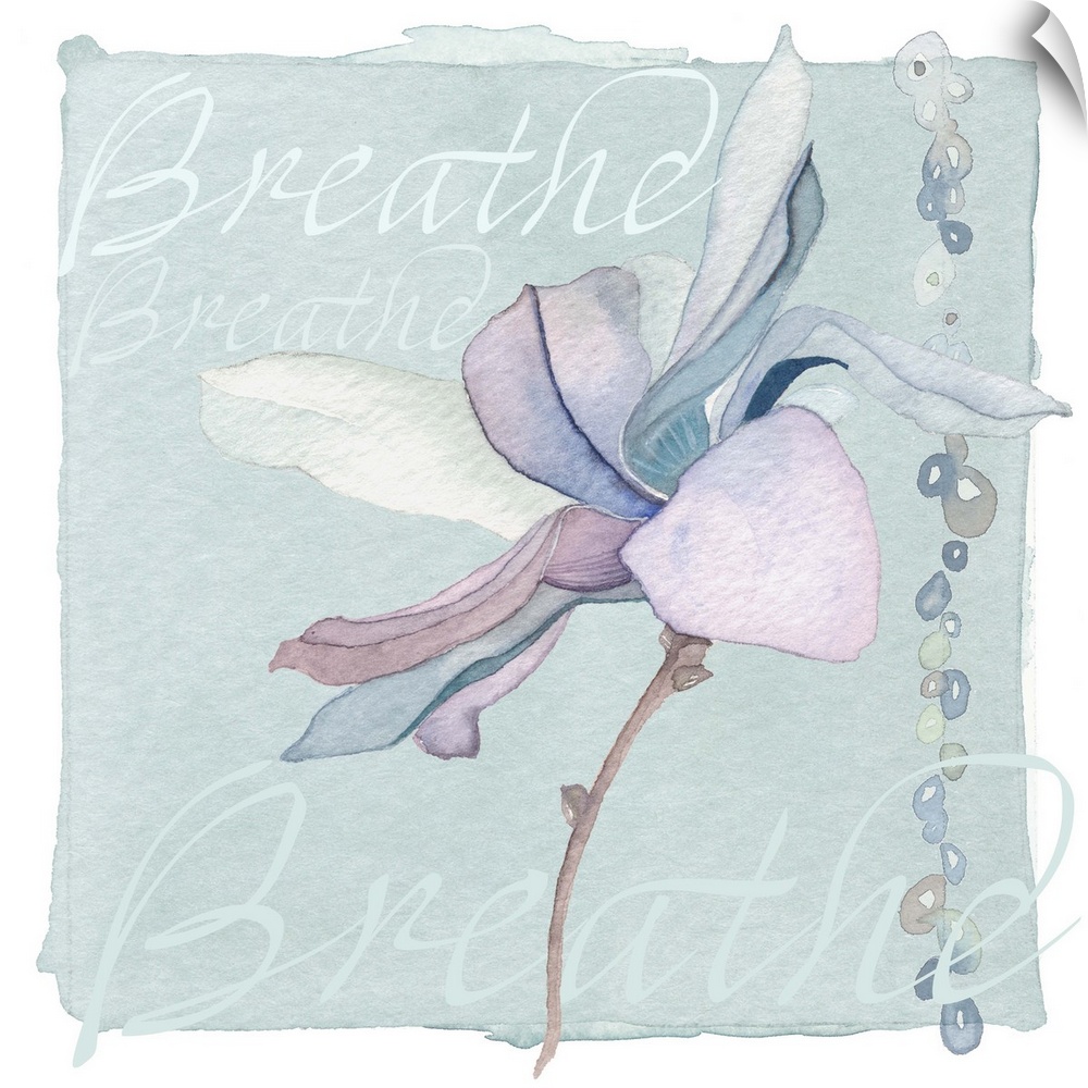 Decorative watercolor painting of a purple lily with the word "Breathe" repeated in the background.