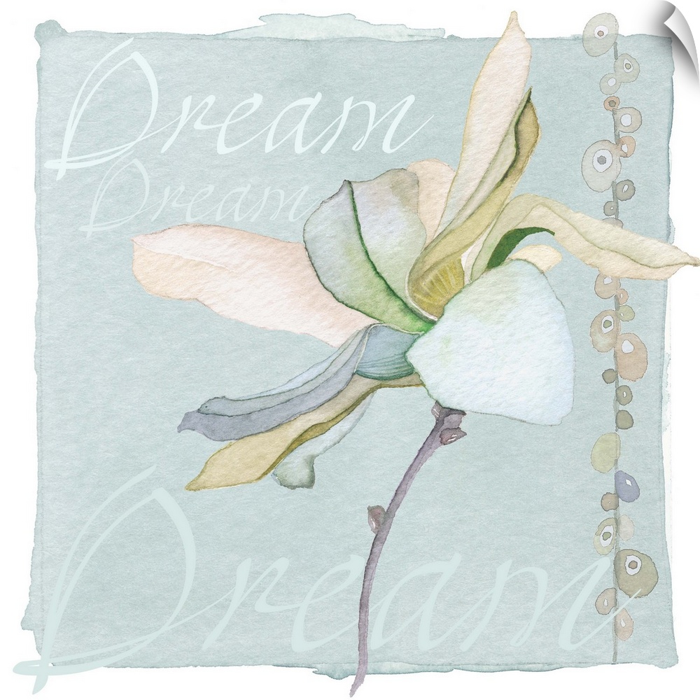 Decorative watercolor painting of a green lily with the word "Dream" repeated in the background.