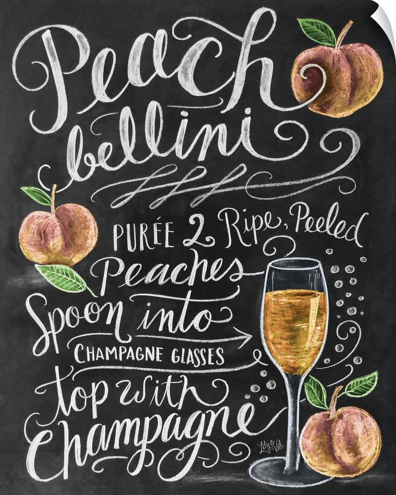 Handwritten and illustrated recipe for a mixed drink, including peaches and a champagne glass.