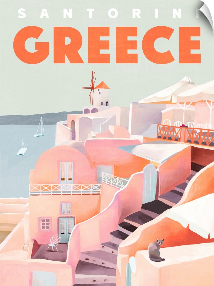 A contemporary illustrated travel poster of the Greek port city of Santorini, with it's iconic white buildings and windmills