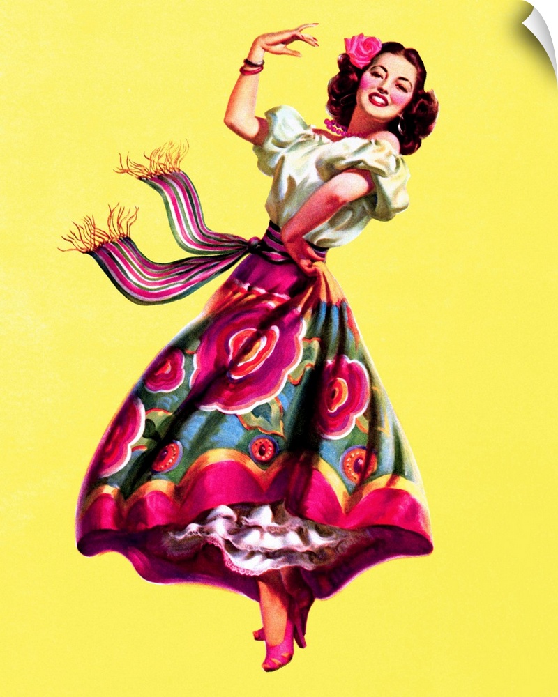 Vintage 50's illustration of a young woman in a colorful dress dancing.