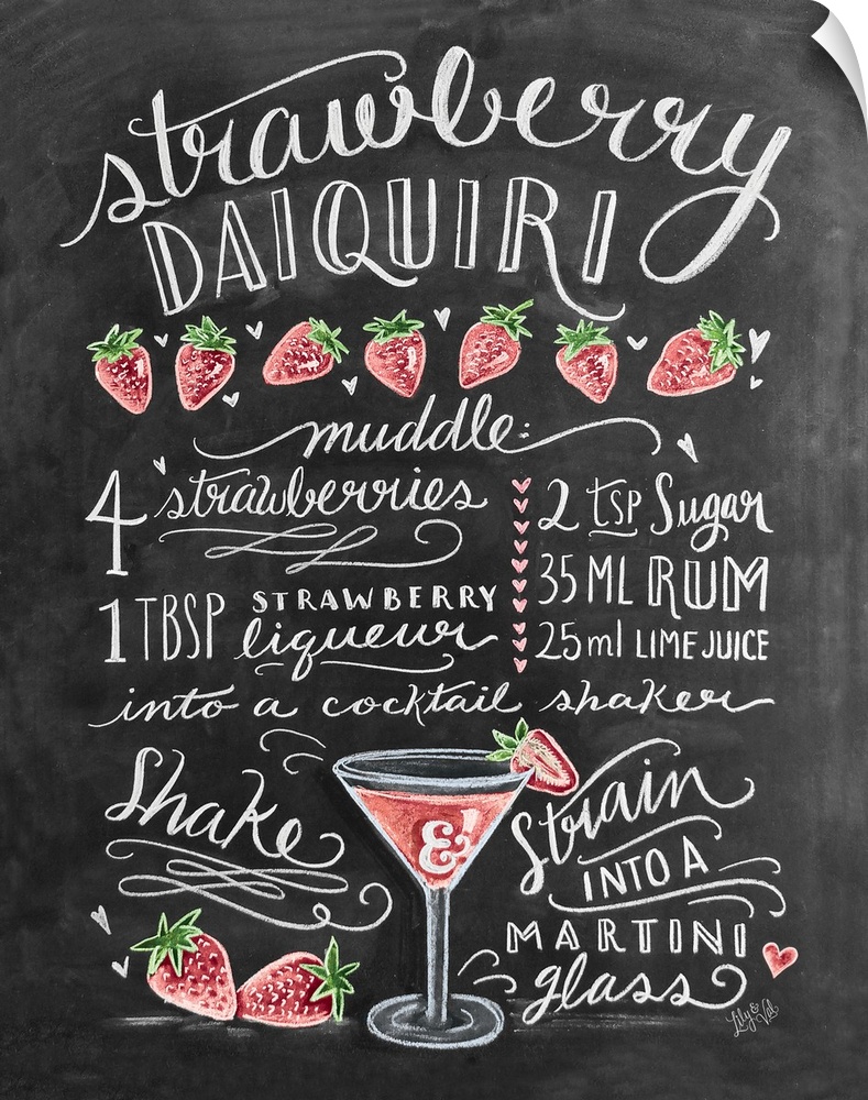 Handlettered recipe for a Strawberry Daquiri cocktail with the appearance of a chalkboard drawing.