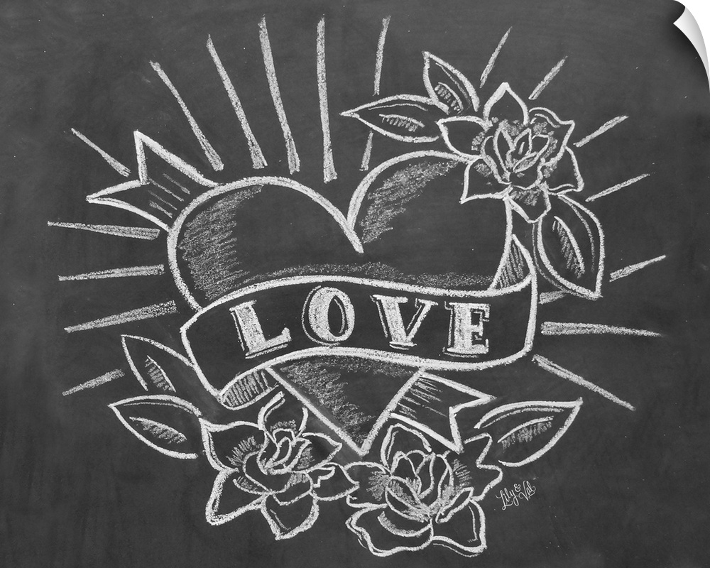 "Love" with a tattoo-style heart drawing in white chalk on a black background.