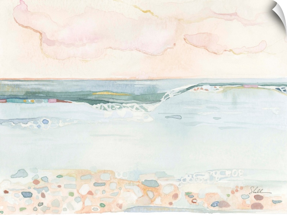 Watercolor seascape painting of ocean, beach and sky