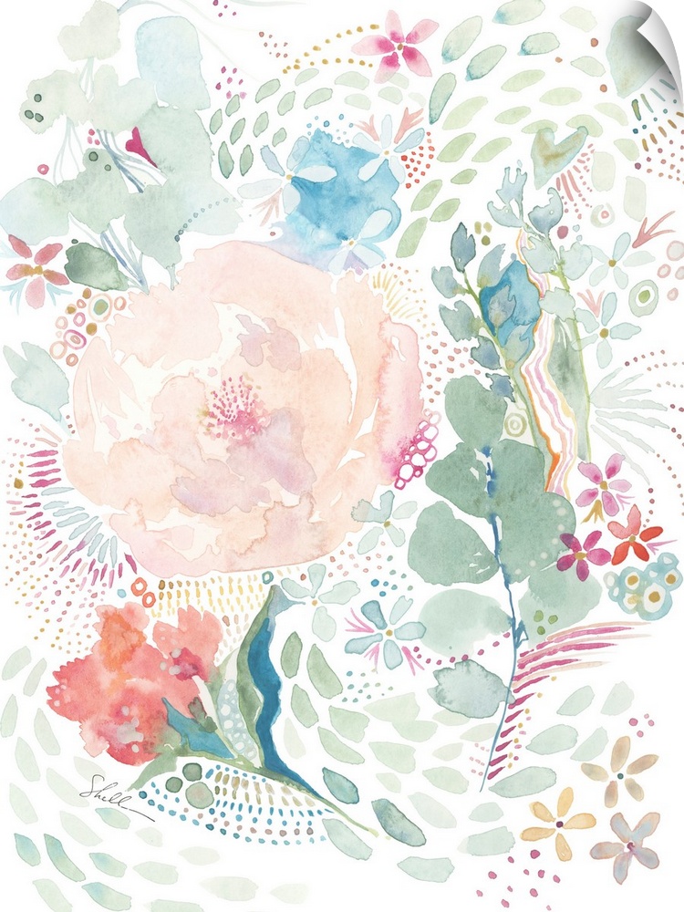 Handpainted watercolor Floral Design with whimsical brush detailing