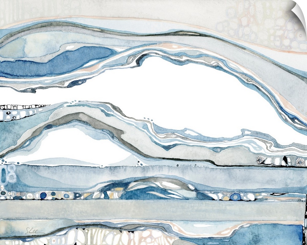 Abstract organic watercolor painting of the tide line layers along the coastline
