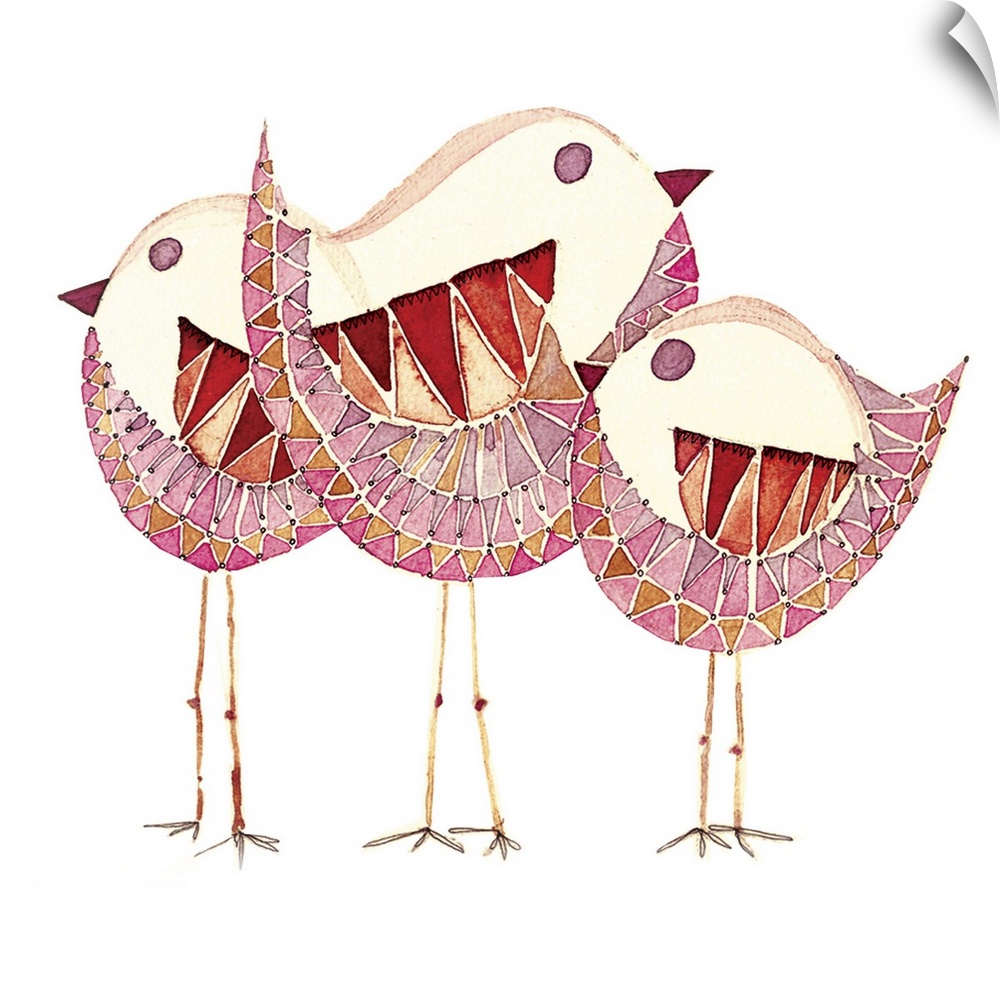 Illustration of three round birds with triangular patterns.