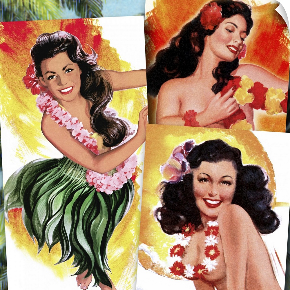 Vintage 50's illustration of three young women wearing leis and grass skirts.