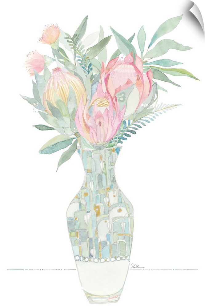 Hand painted watercolor painting of abstracted flowers and leaves in a painted vase