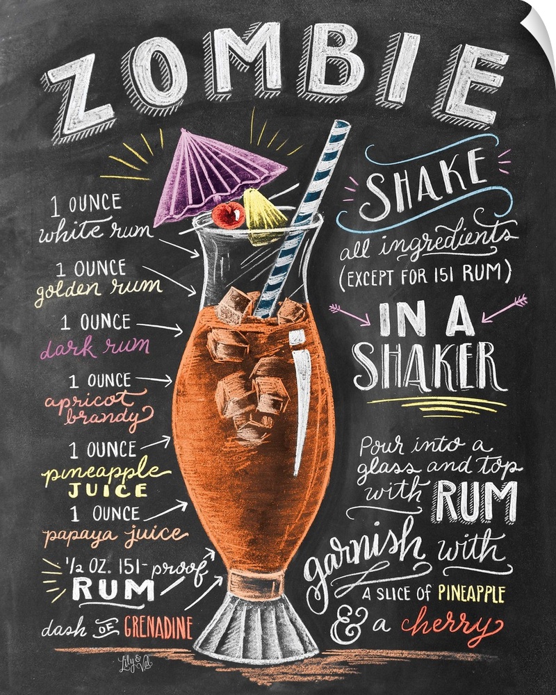 Handlettered recipe for a Zombie cocktail with the appearance of a chalkboard drawing.