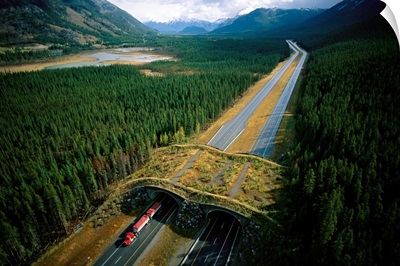 An overpass for wildlife spans the Trans Canada Highway in Banff, Alberta, Canada