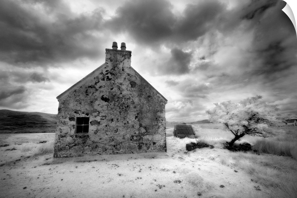 Infrared image of a derelict farmhouse near Arivruach, Isle of Lewis, Hebrides, Scotland, UK