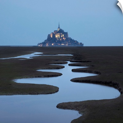 A Meandering Pool And Mont Saint Michel At Night, Manche, Normandy, France