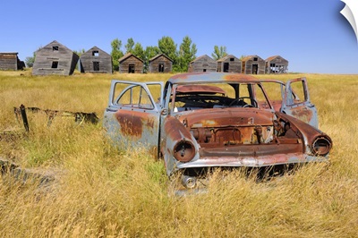 Abandoned Car And Graneries, Rosetown, Saskatchewan, Canada