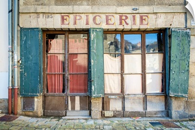 Abandoned Storefront Vintage Painted Sign Of Old Epicerie Market Store, Aubusson, France