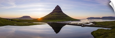 Aerial drone view of mount Kirkjufell at sunset, Snaefellsnes peninsula, Iceland