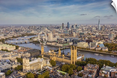 Aerial view from helicopter, Houses of Parliament, River Thames, London, England