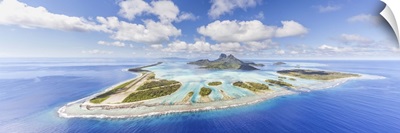 Aerial view of Bora Bora island with airstrip visible, French Polynesia