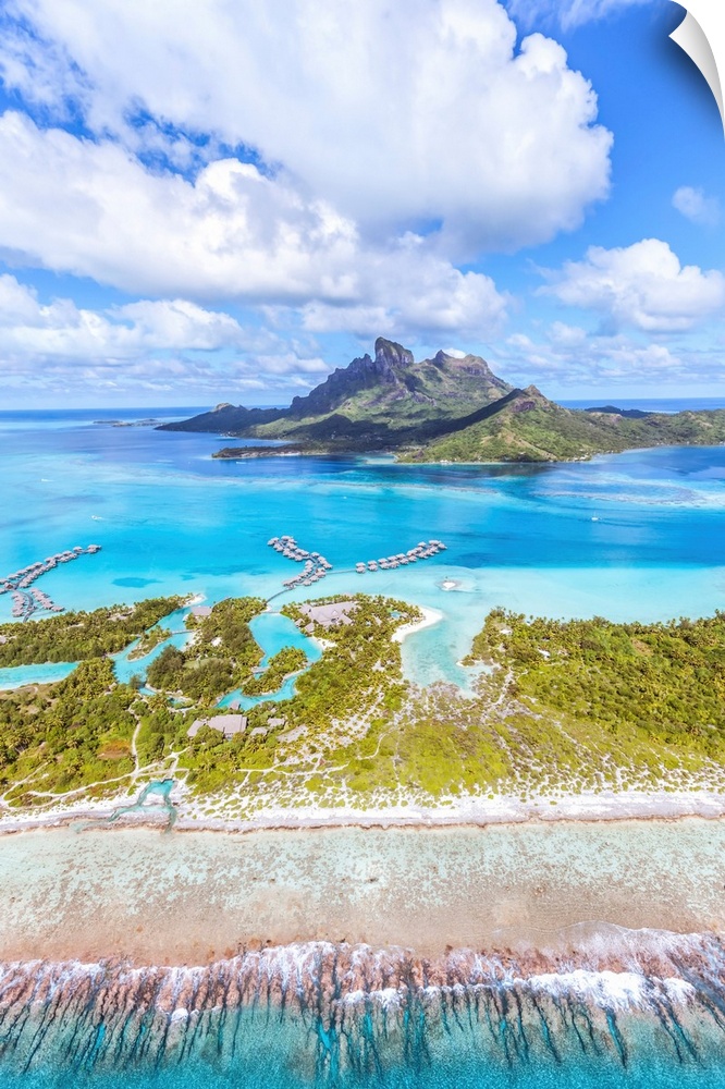 Aerial view of Bora Bora island with St Regis and Four Seasons resorts, French Polynesia.
