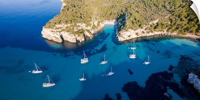 Aerial View Of Coastline And Beach, Cala Macarella, Menorca, Balearic Islands, Spain