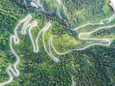 Aerial View Of Curves Of The Road Between Woods, Maloja Pass, Engadine, Switzerland